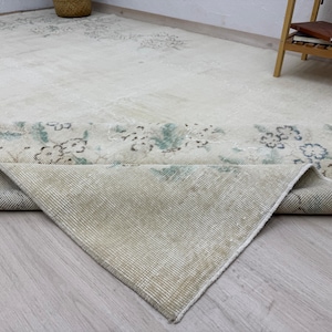 7x10 Beige Green Turkish Rug, 7x10 Handmade Wool Rug, Vintage Oushak Rug, Balcony Floral Rug,  Kitchen, Living Room, Bedroom Rug 6.8x10.4 ft