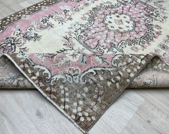 4x6 Beige Pink Turkish Rug, Handmeade Oushak Wool Rug, Anatolian Brown Rug, Vintage Bohemian Rug, Living room, Entry, Kids Rug 3,8x6,4 ft