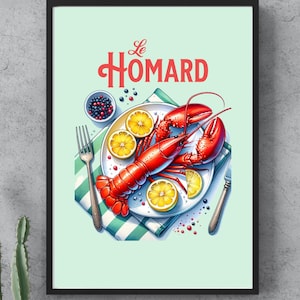 Vintage French Lobster Art Print dla nadmorskich klimatów, Vintage Wall Art Seafood Poster, Fisherman Aesthetic, Digital Download, Oyster Bar Print