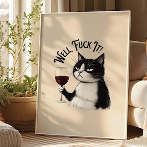 Nonchalant Cat Digital Wall Art | Natychmiastowe pobieranie dla miłośników kotów, Dekoracja ścienna z kotem, Wydrukowany plakat z kotem, Prezenty o tematyce kotów, Plakat dla miłośników wina