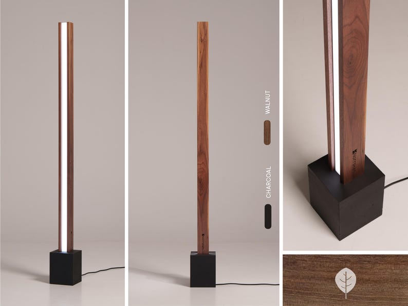 Pu&ograve; includere: Una lampada da terra moderna con una base in legno rettangolare lunga e una striscia di luce bianca che corre al centro. La base &egrave; disponibile in noce o carbone.