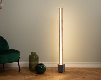 Handcrafted Wood Floor Lamp, Dimmable LED, Concrete Base