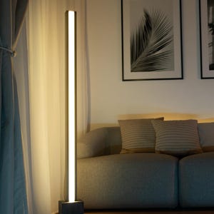 Pu&ograve; includere: Una lampada da terra moderna con un'alta struttura rettangolare e una base nera. La lampada illumina un soggiorno con un divano grigio e due cuscini.