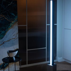 Pu&ograve; includere: Una lampada da terra moderna con un telaio in metallo nero rettangolare e alto e una fonte di luce bianca. La lampada &egrave; su un pavimento in legno con una parete bianca sullo sfondo.