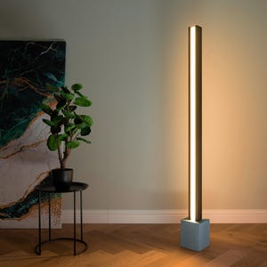 Wood Floor Lamp, Concrete Base Colored | Dimmable, Color Adjustable LED | Modern, Minimalist Design | Handcrafted | Living room and Bedroom