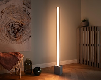 Handcrafted Wood Floor Lamp, Dimmable LED, Concrete Base