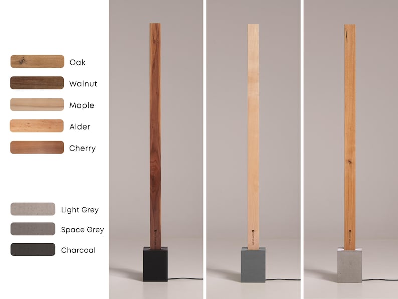 Lampada da terra in legno realizzata a mano, con LED dimmerabile e base in cemento. immagine 6