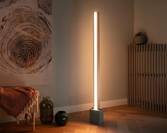 Handcrafted Wood Floor Lamp, Dimmable LED, Concrete Base
