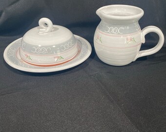 Vintage 3 Piece Glazed Pottery Covered Butter Dish And Small Pour Pitcher