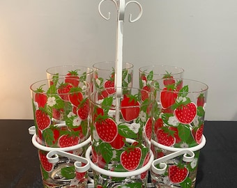 Mid Century- Culver LTD- Strawberry Highball Glass Set With Original Caddy