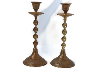 Set Of 2 Vintage Twisted Brass Candlestick Holder