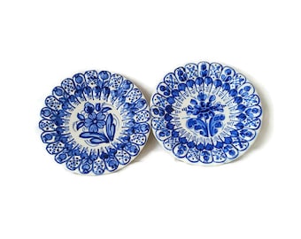 Set of 2 Vintage Flower Designed Blue and White Painted Plate