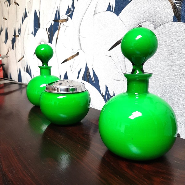 Glass Vanity set, Vintage boudoir set in Green glass, set of boudoir bottles
