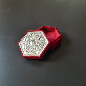 Red jewelry box, vintage jewelry box, silver plated octogonal jewelry box