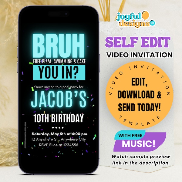 Bruh Birthday Invitation, Digital Animated Video Invite, Teenager Birthday Party, Teen Boys Girls Pizza Party, Tween Video Evite Template