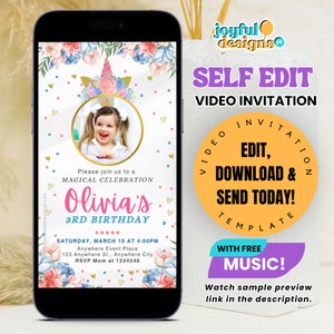 Unicorn Birthday Invitation, Rainbow Electronic Video Invite Template, Digital Unicorn Party Phone Evite, Magical Pastel Animated Invites