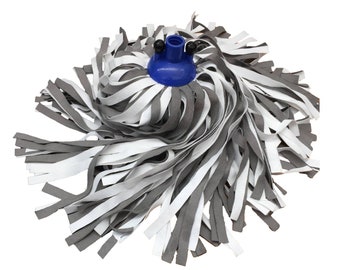 May include: A gray and white mop head with a blue plastic base. The mop head is made of long, thin strips of fabric.