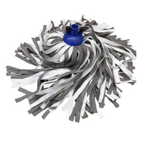 May include: A gray and white mop head with a blue plastic base. The mop head is made of long, thin strips of fabric.