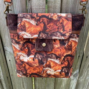Horses At Sunset Handmade One-Of-A-Kind Crossbody Purse-Horses At Sunset Shoulder Bag-Faux Brindle Cowhide And Faux Leather-Messenger Bag