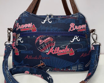 Atlanta Braves Multi Compartment Top Handle Crossbody Purse-4 Zippered Compartments and 60" Crossbody Strap-Fabric Purse -Pockets Galore