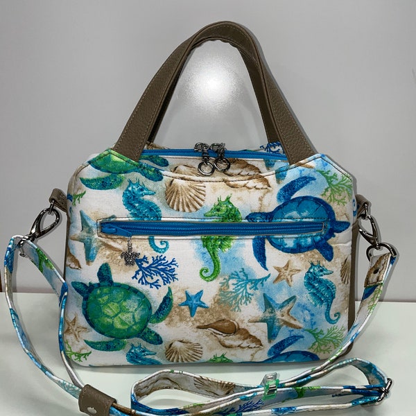 Multi Compartment Handmade Sea Turtles and Friends on the Beach-Summer Bag- Faux khaki Leather Top Handle Crossbody Bag-Mother's Day Gift