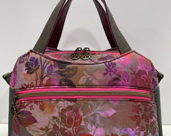 Handmade Multi Compartment Faux Leather Top Handle Crossbody Handbag With 4 Zippered Compartments And 60&quot; Strap &quot;In The Beginning&quot; Fabric