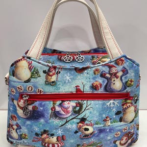 Multi Compartment Handmade-Snowmen Celebrate Christmas -Ivory Faux Leather-Top Handle Crossbody bag-4 Zippered Compartments and 60&quot; Strap