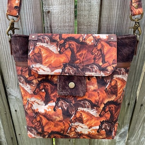 Horses At Sunset Handmade One-Of-A-Kind Crossbody Purse-Horses At Sunset Shoulder Bag-Faux Brindle Cowhide And Faux Leather-Messenger Bag