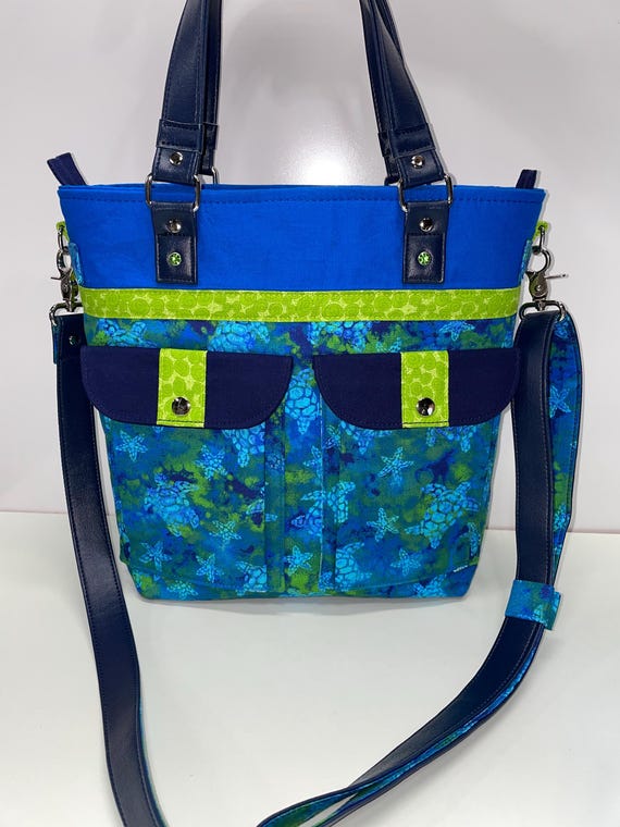 Handmade Medium Size Tote Bag-Shoulder/Crossbody-Blue Watercolors-Sea Turtles-Faux Navy-Blue Leather-Travel/Work-Exclusive-Pockets