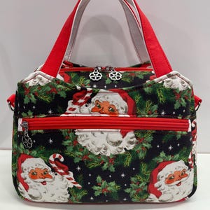 Multi Compartment Handmade-Christmas Santa Claus Wreath-Red-Faux Leather-Top Handle Crossbody bag-4 Zippered Compartments and 60&quot; Strap