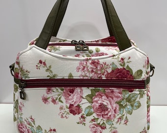 Multi Compartment Handmade Spring Roses/Green Faux Leather Top Handle Crossbody bag-4 Zippered Compartments and 60&quot; Crossbody Fabric Purse