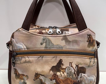 Multi Compartment Handmade Horse Lovers Top Handle Crossbody Handbag with 4 Zippered Compartments and 60&quot; crossbody Strap Christmas Gift