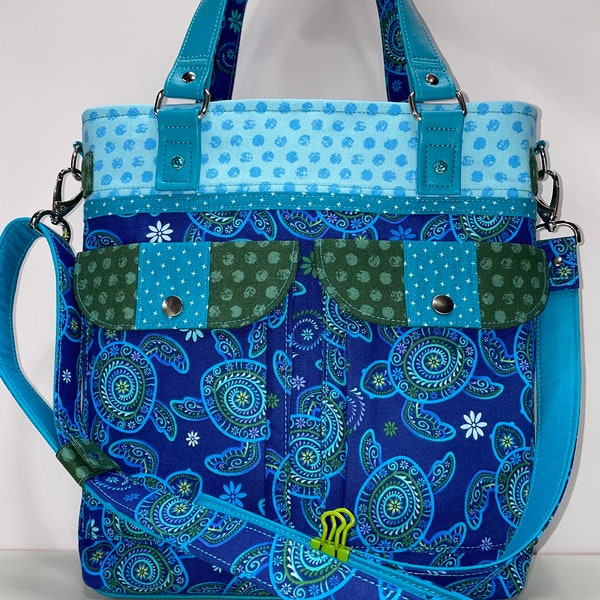 Beautiful Handmade Medium Size Tote Bag-Shoulder/Crossbody Bag-Timeless Beauty-Sea Turtles-Faux Aquamarine Leather-Travel/Work-Exclusive