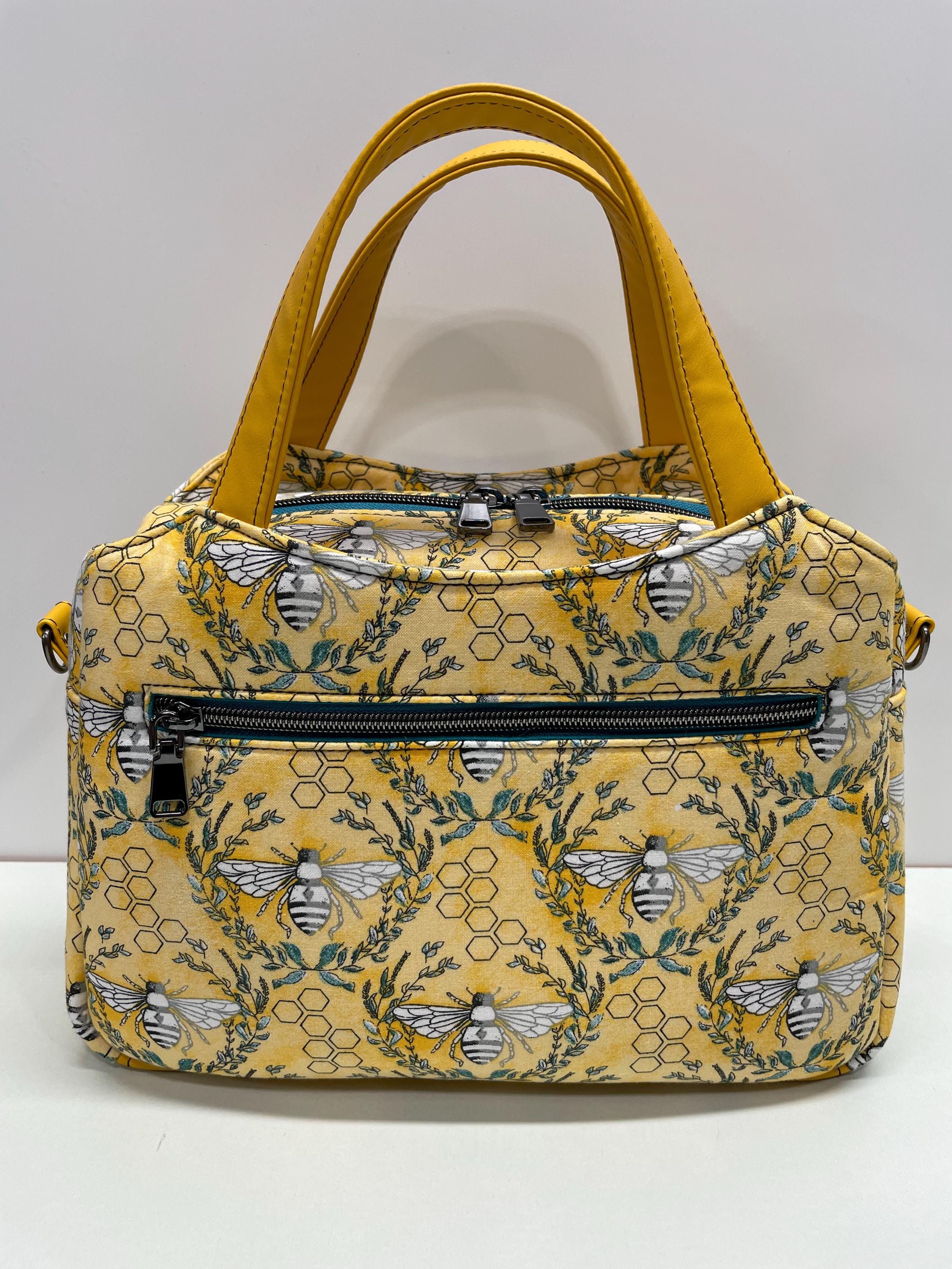 Handmade Multi Compartment Faux Leather Top Handle Crossbody Handbag With 4 Zippered Compartments and 60" Strap " Summertime Queen Bee"