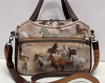 Multi Compartment Handmade Horse Lovers Top Handle Crossbody Handbag with 4 Zippered Compartments and 60" crossbody Strap Valentine’s Gifts