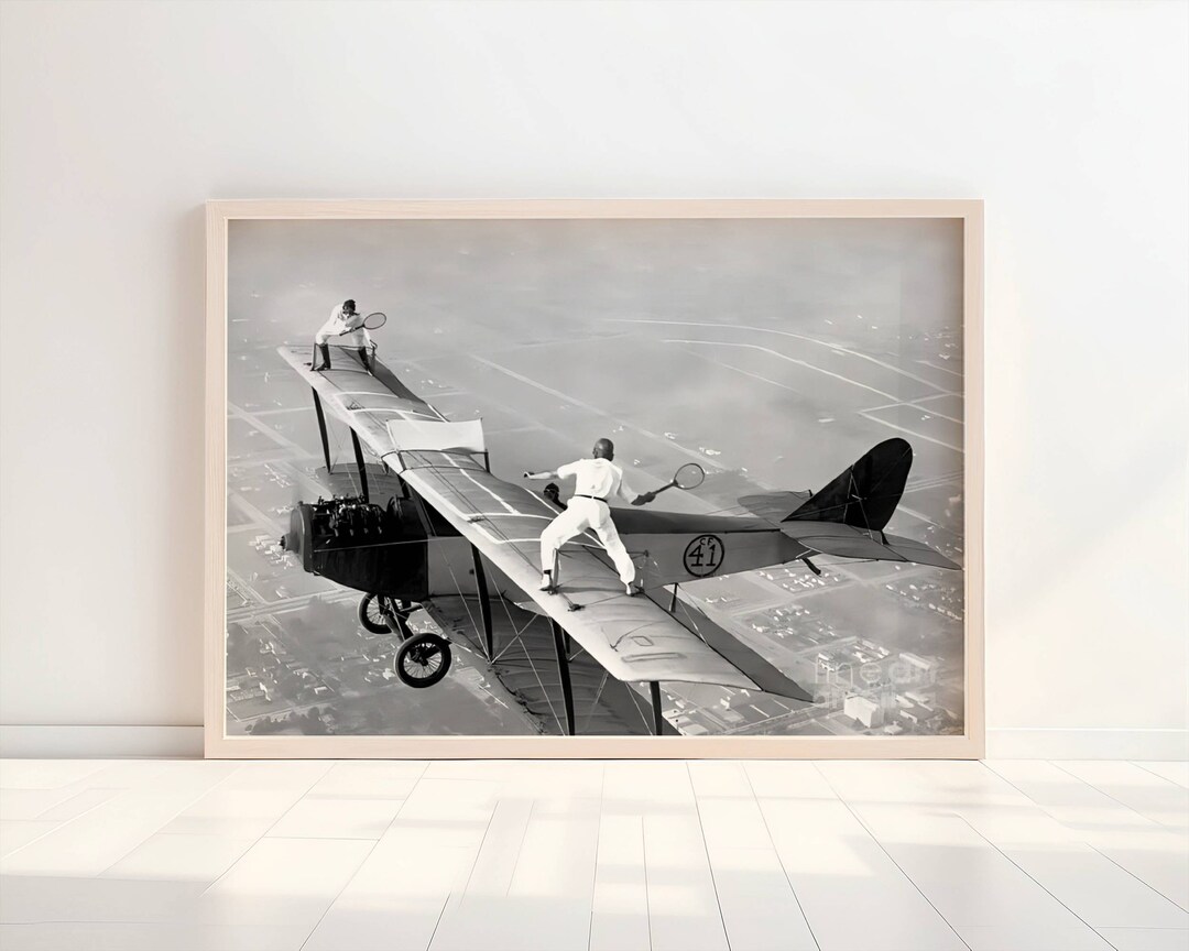 Tennis on Airplane, Black and White Art, Vintage Wall Art, Playing