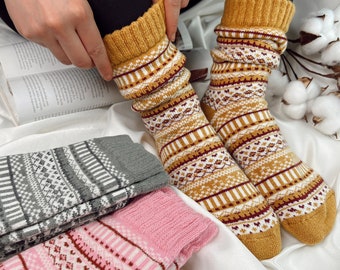 Nordic Wool Socks for Women, Cozy Warm Stocking, Multicolor Winter Socks, Vintage Scandinavian Socks, Soft and Thick Slipper Socks