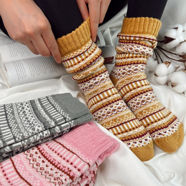 Nordic Wool Socks for Women, Cozy Warm Stocking, Multicolor Winter Socks, Vintage Scandinavian Socks, Soft and Thick Slipper Socks