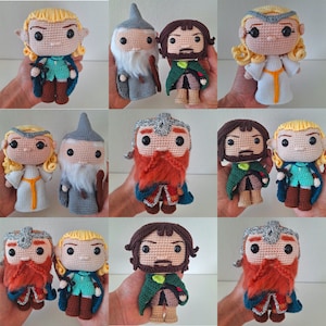 May include: A collection of 10 crocheted amigurumi dolls, each depicting a character from the Lord of the Rings. The dolls are made with various colors of yarn, including brown, green, red, and blue. They have detailed facial features and are dressed in costumes inspired by their characters.