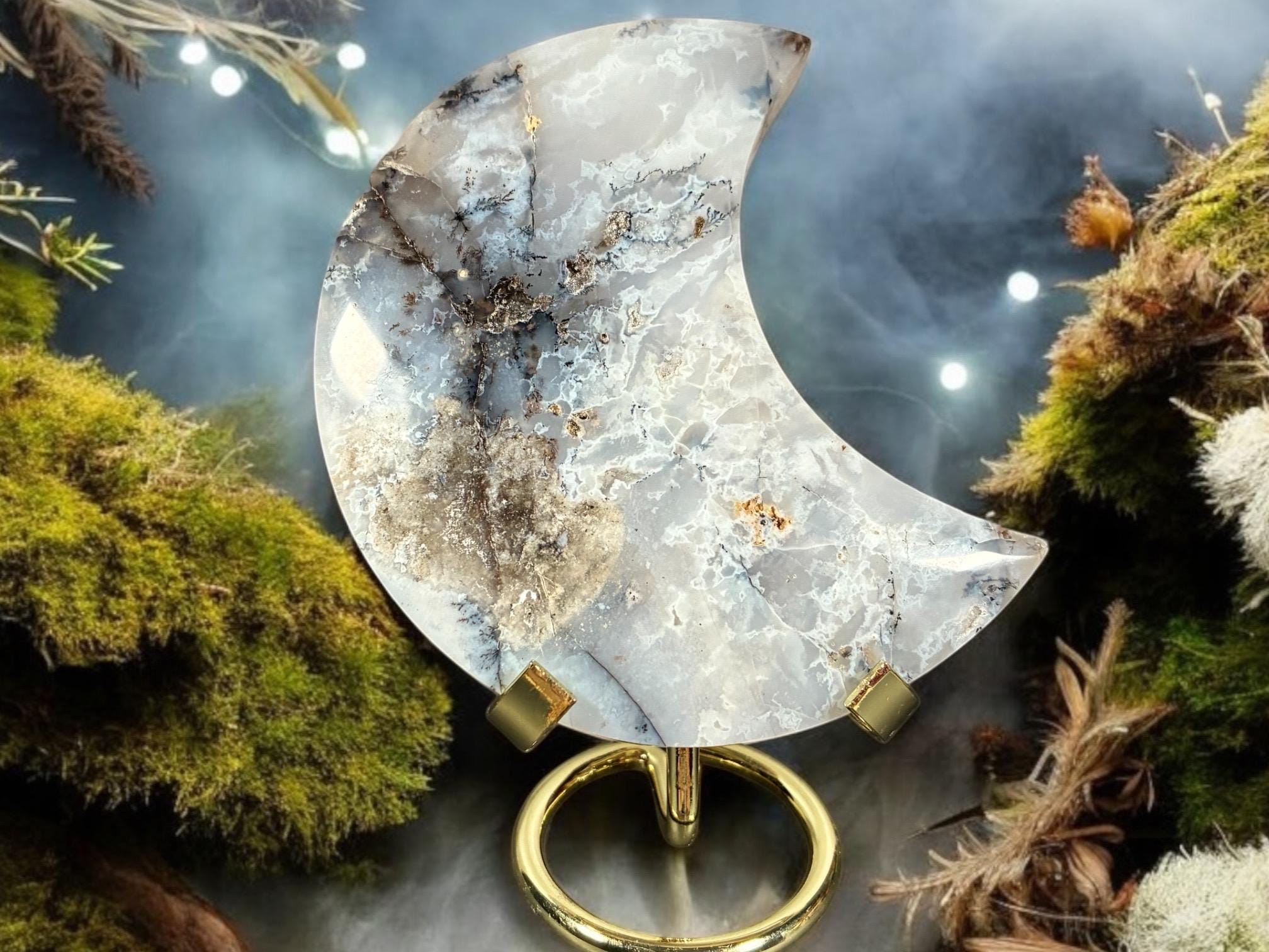 Mystic Grove Moon | Dendritic Plume Agate Crescent | Intuition & Earth Connection (250g, 107.5mm)