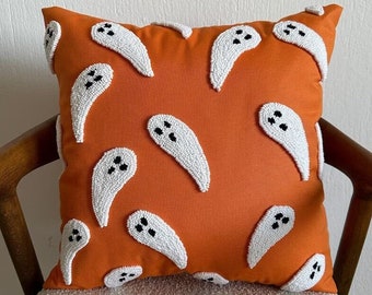 Handmade Pillow Cover  - Spooky Halloween Punch Embroidered Pillow Cover - Orange Ghosts - Hand Tufted Punch - Shenay Punch Studio