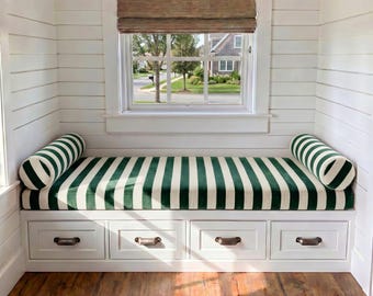 Custom Striped Velvet Bench Cushion – Coastal Window Seat Pad – 3" Thick Reading Nook Cushion