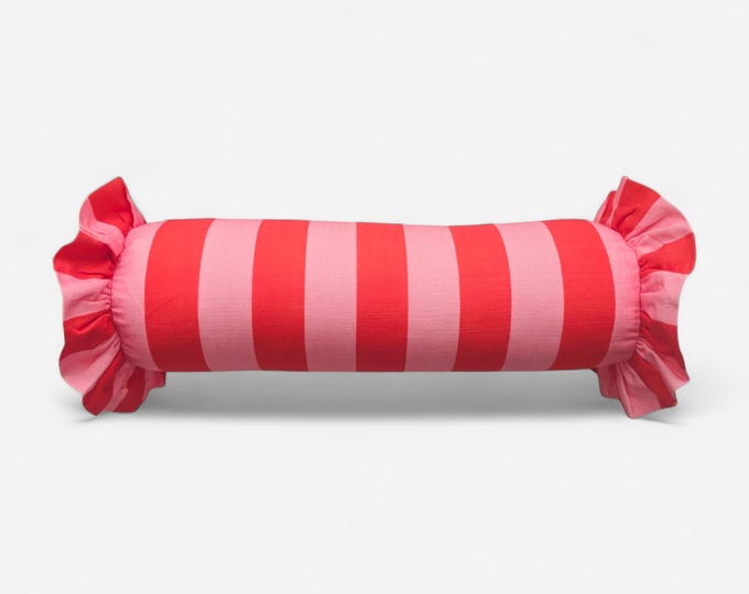 Striped Bolster Pillow Cover with Ruffles - Colorful Handmade Decorative Cushion - Candy Style Decor