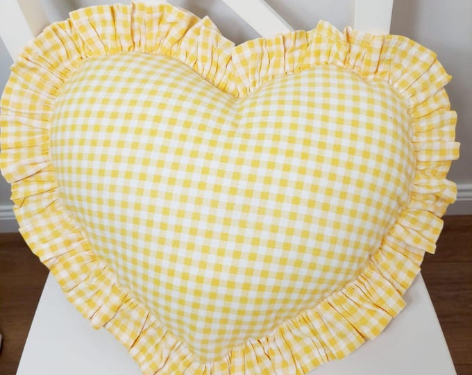Bohemian Frill Linen Gingham Pillow Cover - Gingham Heart Pillow - Heart Pillow - Color Options With Frill Edges - Gingham Pillow