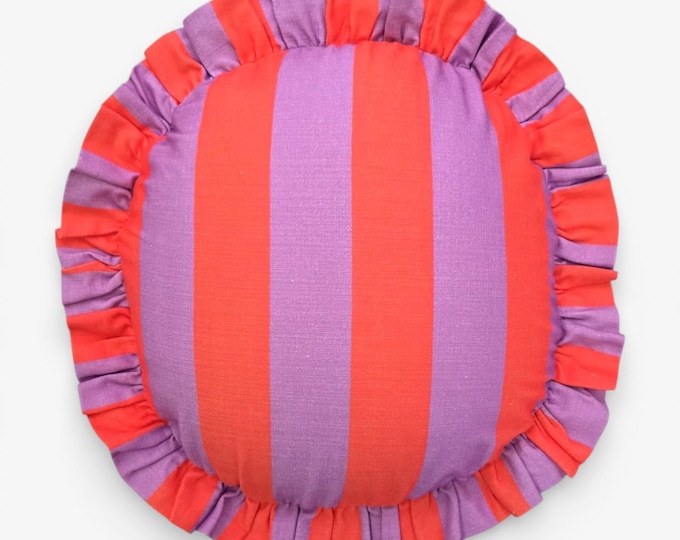 Handmade Round Ruffled Linen Pillow – Circle Cushion - Striped Boho Accent Cushion