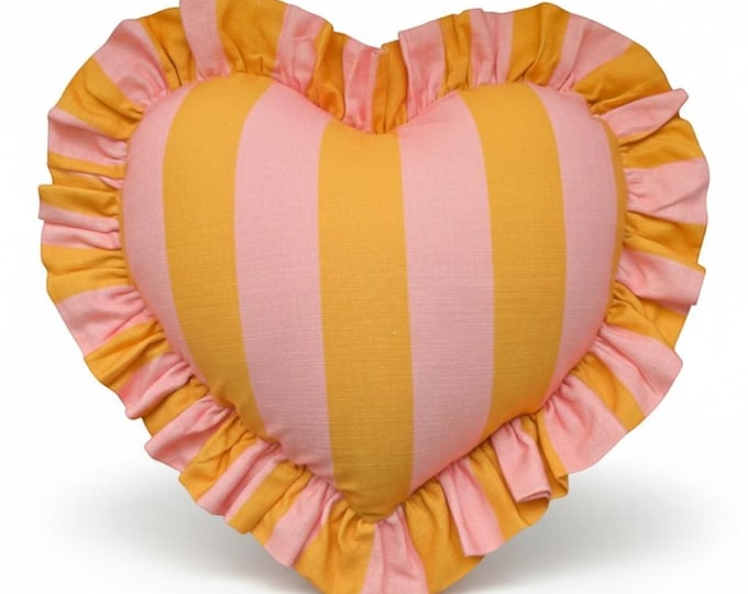Colorful Ruffle Heart Pillow – Handmade Linen Striped Cushion