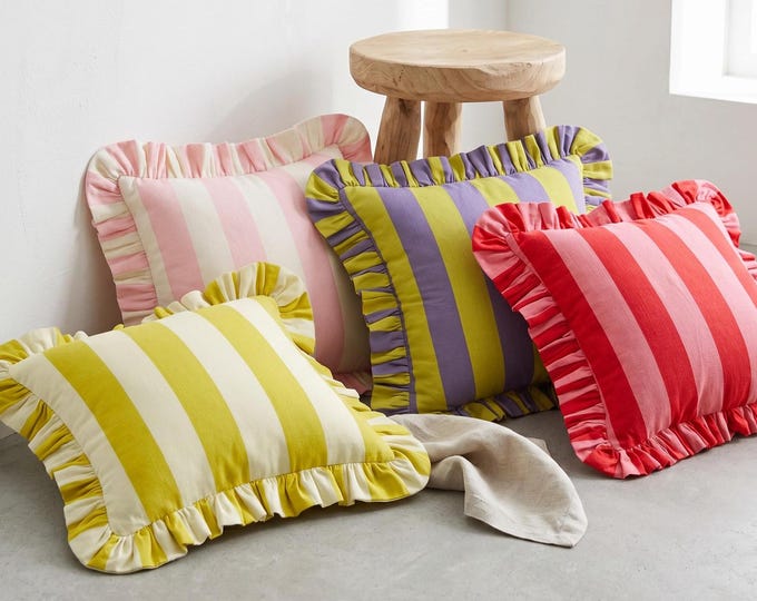 Ruffled Linen Pillow - Striped Cottagecore Decor - Coastal Style Cushion - Farmhouse Decor