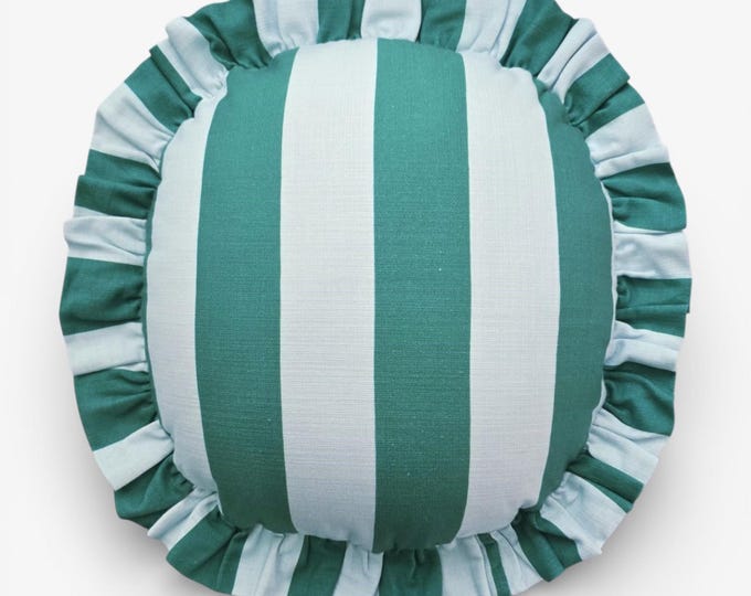 Handmade Round Ruffled Linen Pillow – Circle Cushion - Striped Boho Accent Cushion
