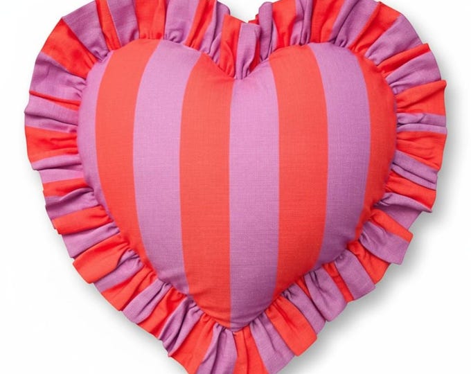 Colorful Ruffle Heart Pillow – Handmade Linen Striped Cushion