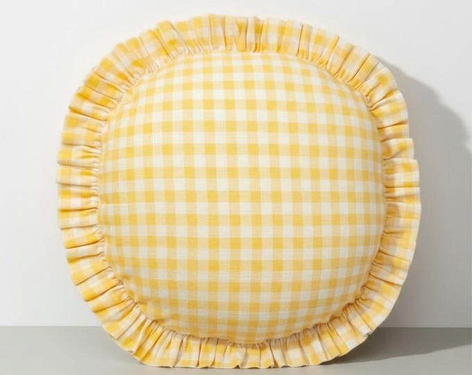 Gingham Round Ruffle Pillow - Plaid Chair Pad - Cottage Style Seat Cushion